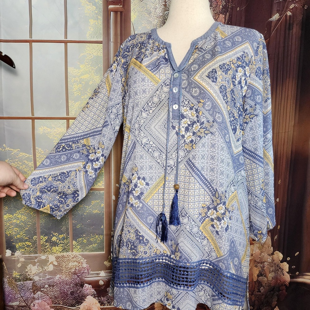 Multiples Blue Yellow Boho Paisley‎ Patchwork Tassel Tunic Top Womens Large